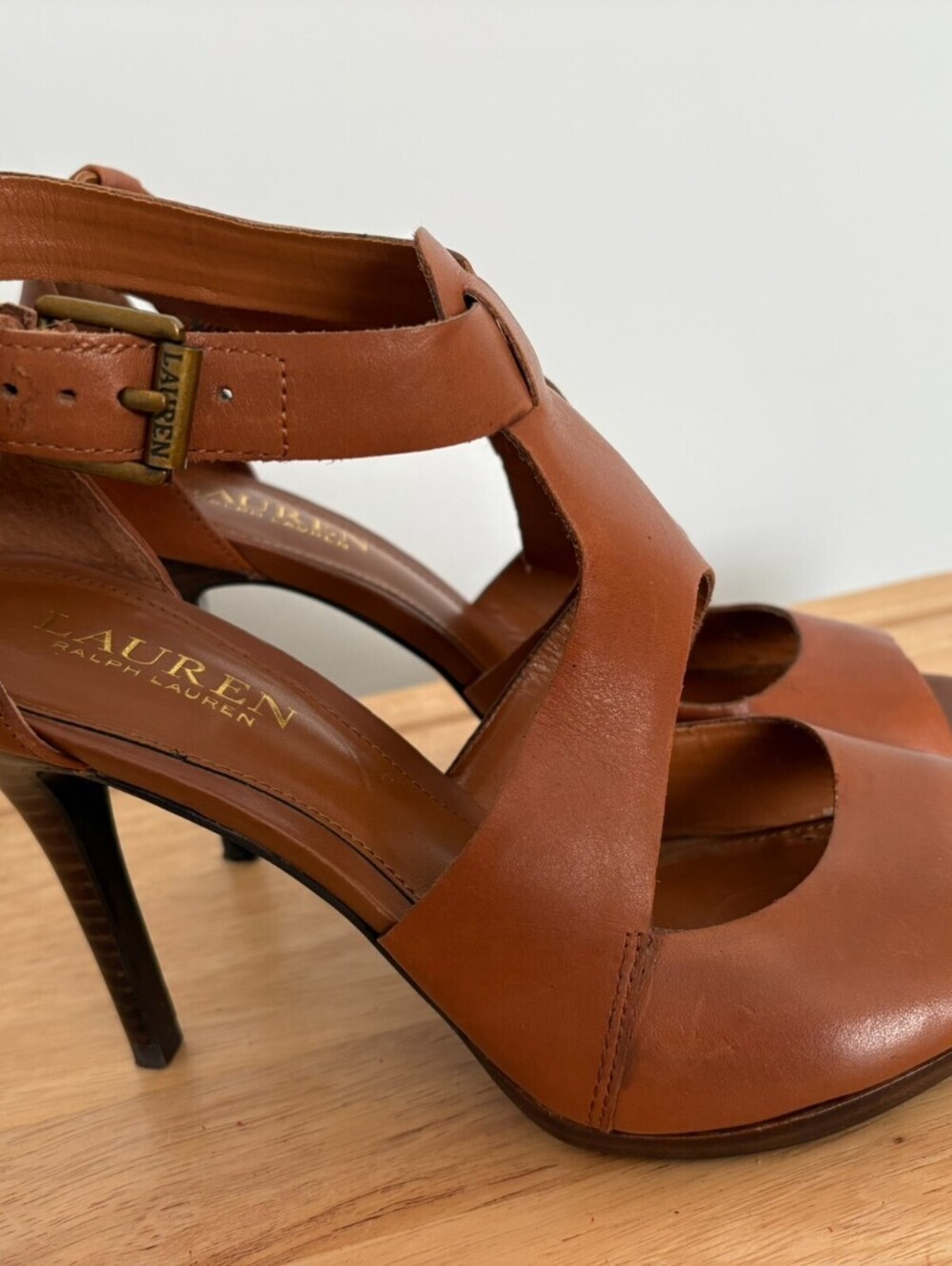 Lauren Ralph Lauren "Beth" Leather High Heels Brown Size 7B Strapy